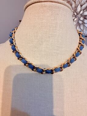Blue Woven Gold Tone Chain Choker Necklace 16”